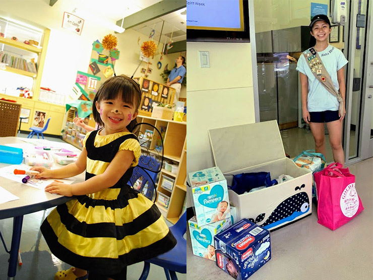 Megan Wang at Camp Amgen as a child, and then again at the center collecting diapers as a Senior Girl Scout.