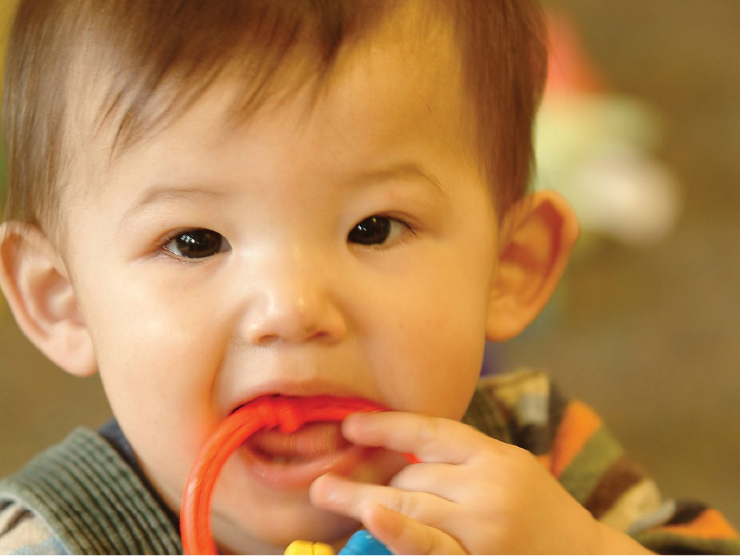Toddler with toy in mouth