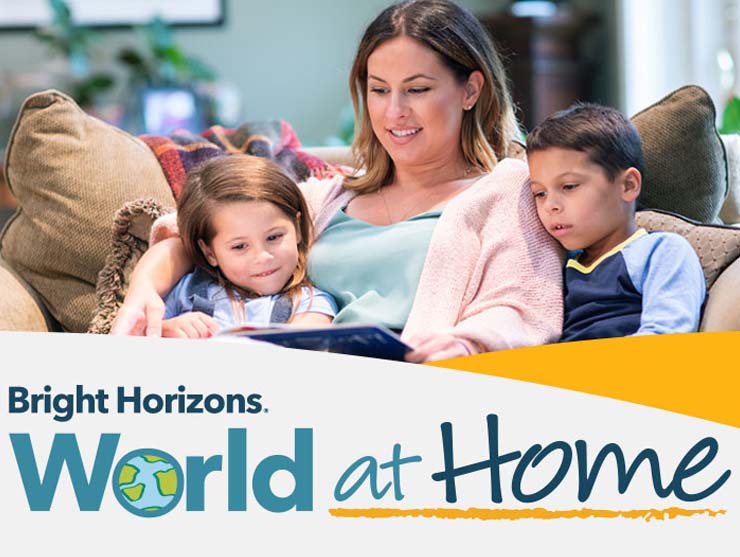 World at Home resources|World at Home logo|Young boy reading a book|Preschooler playing Sticky Notes math game