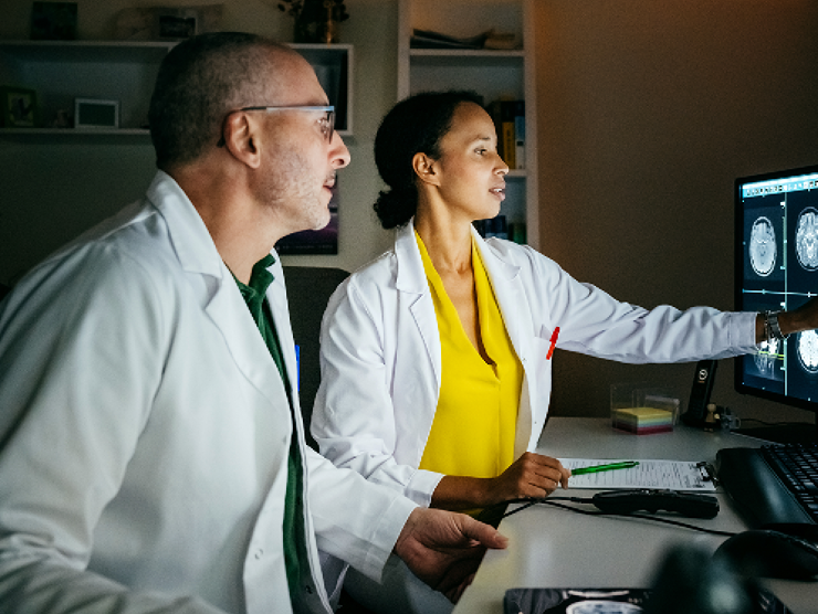 Two doctors looking at a computer screen
