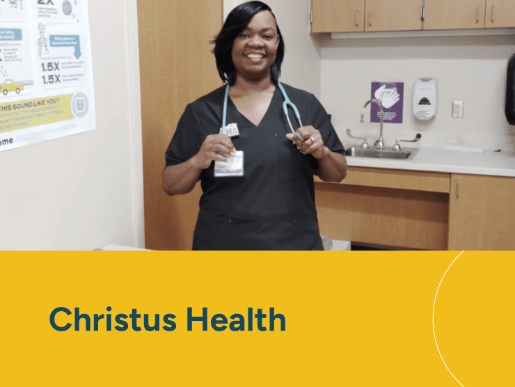 Christus Health with healthcare worker holding a stethoscope
