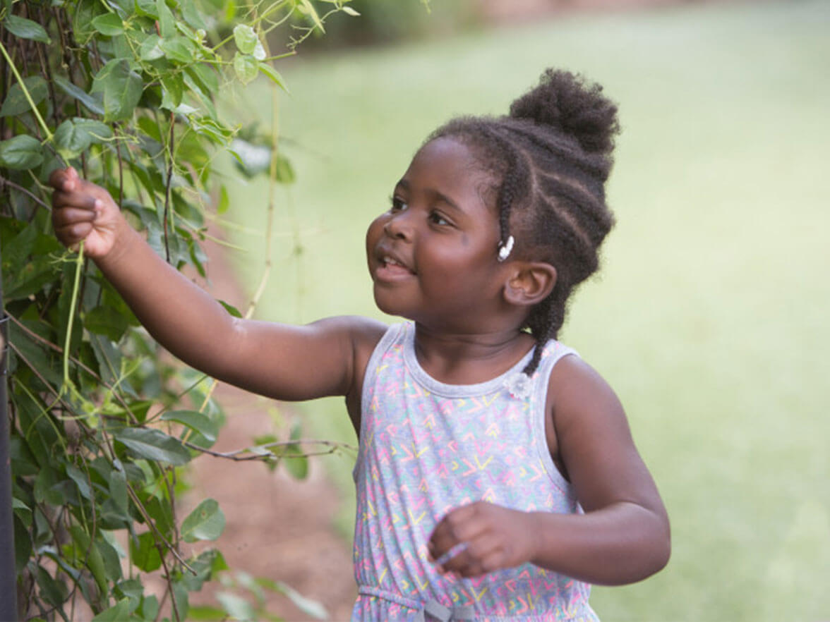 Young girl explores nature at daycare with educational rich curriculums