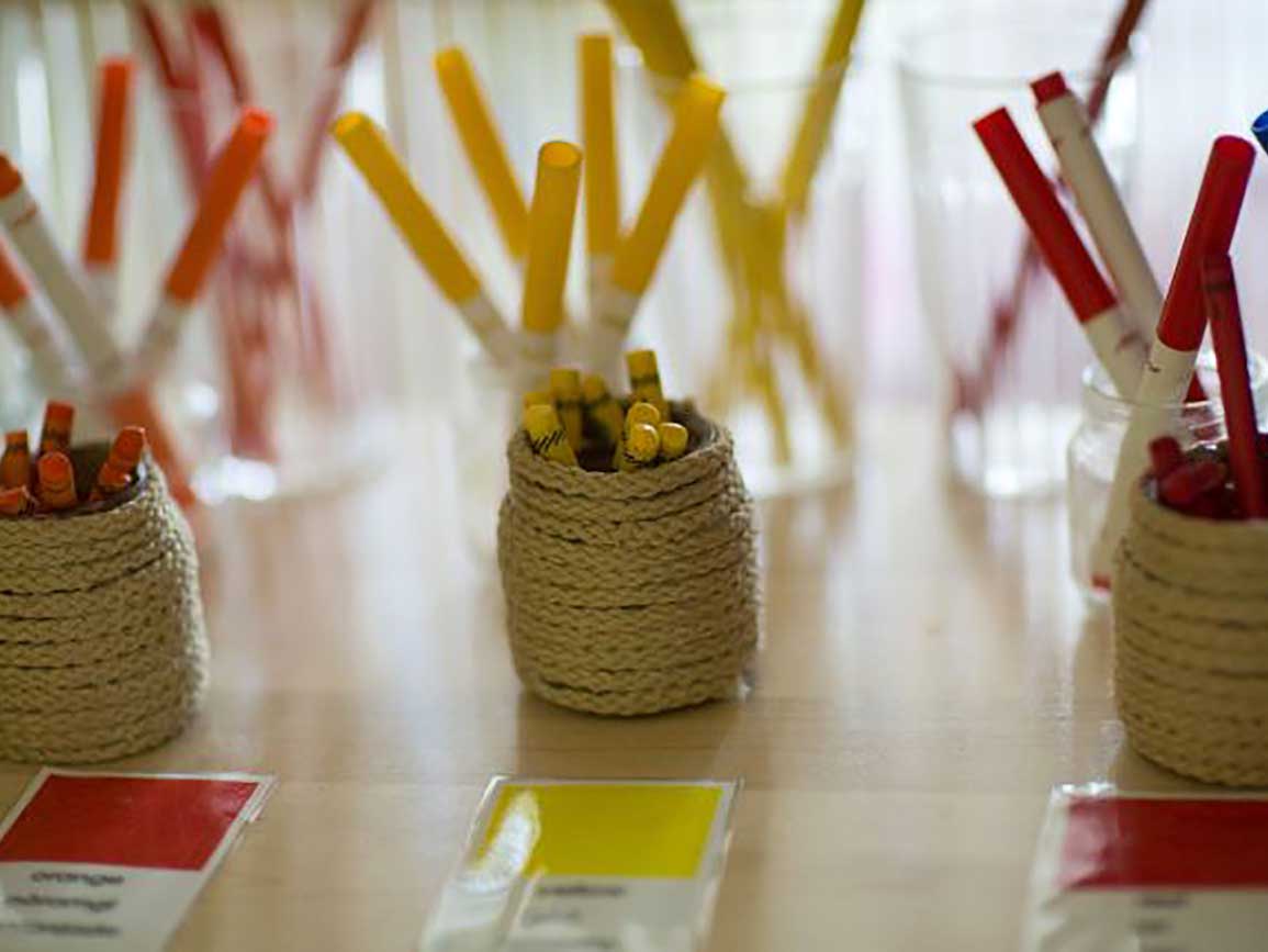 Art supplies sorted by color