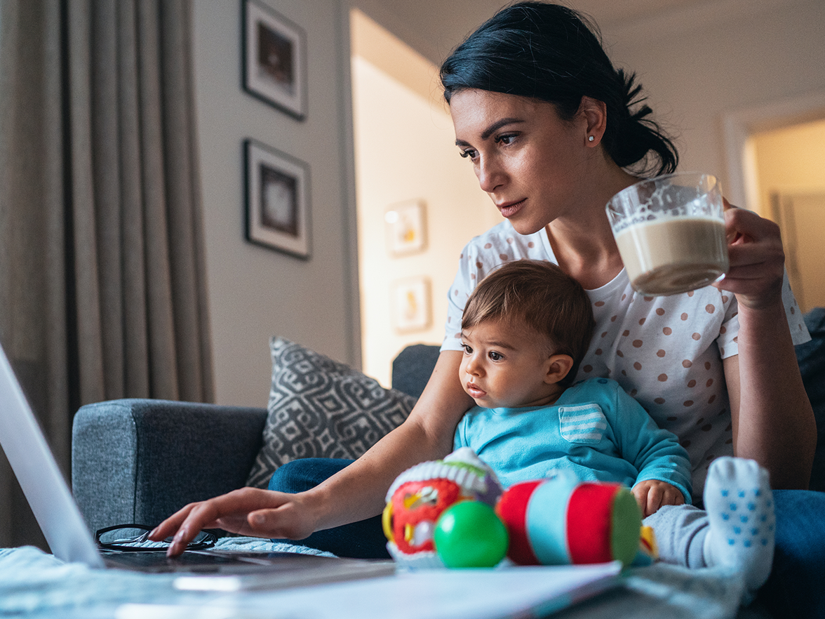 mother with son working at home