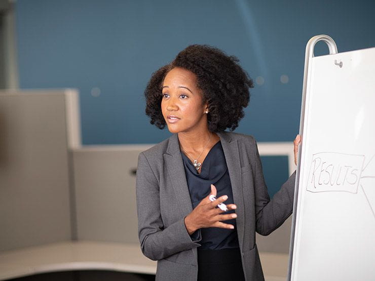 Woman leading meeting and transcribing on whiteboard