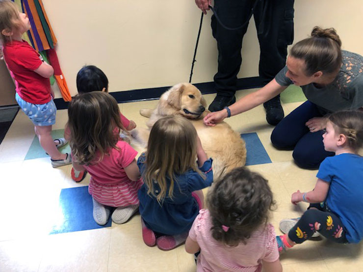Ben Franklin, therapy dog, visits children at Bright Horizons at Franklin Industrial Park