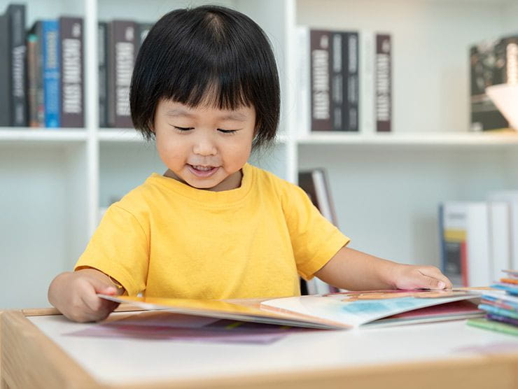 Young child reading a picture book