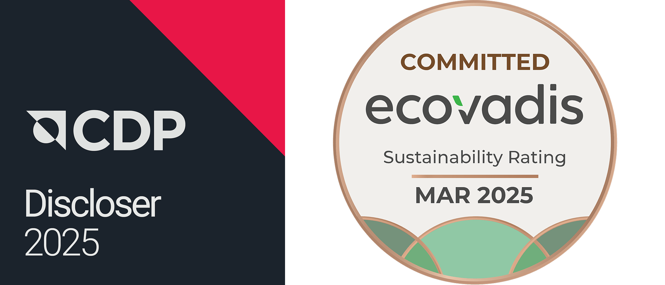 CDP Discloser 2025 and Ecovadis Sustainability Rating March 2025 badges. 