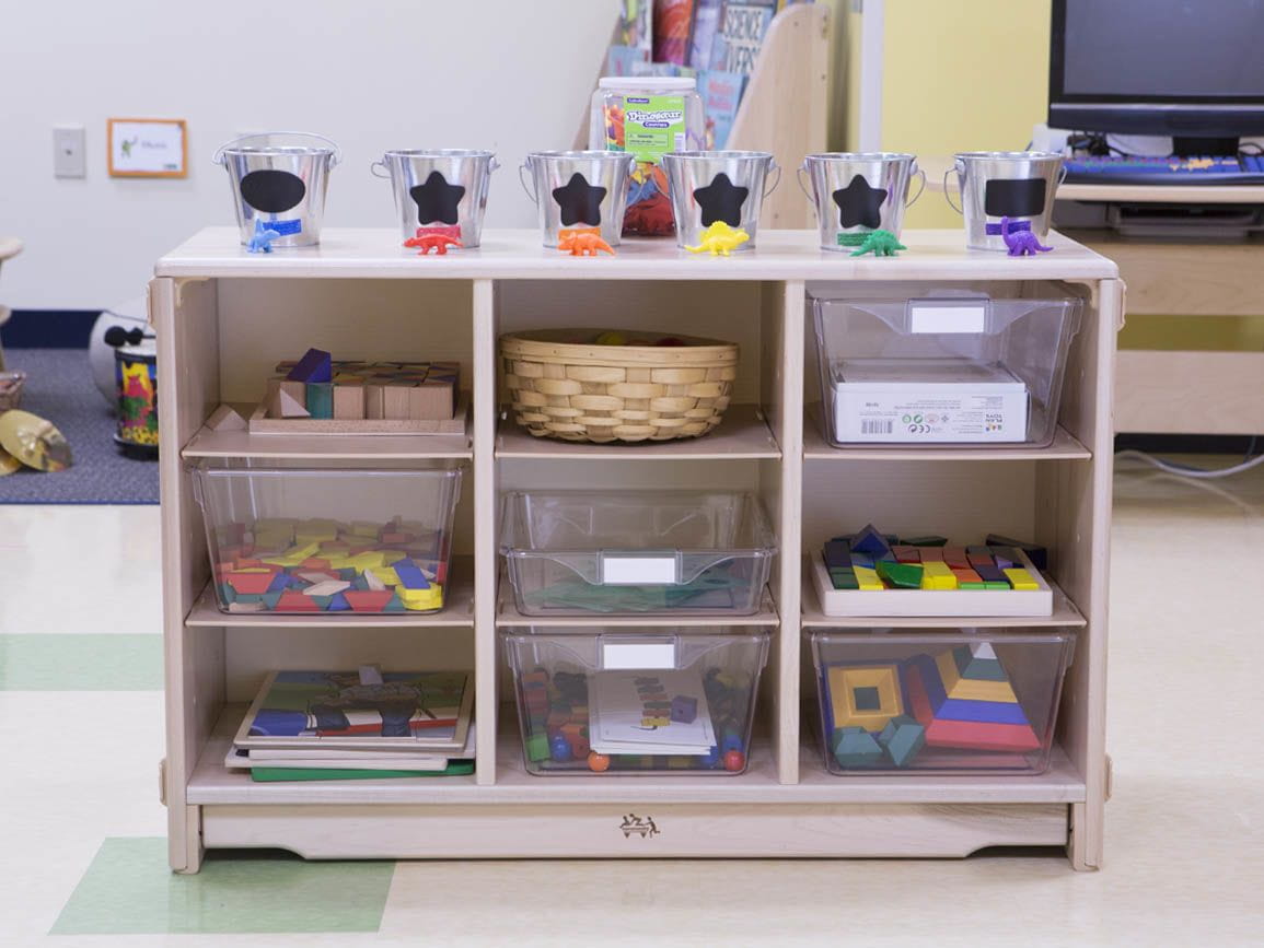 School supplies organized in natural baskets