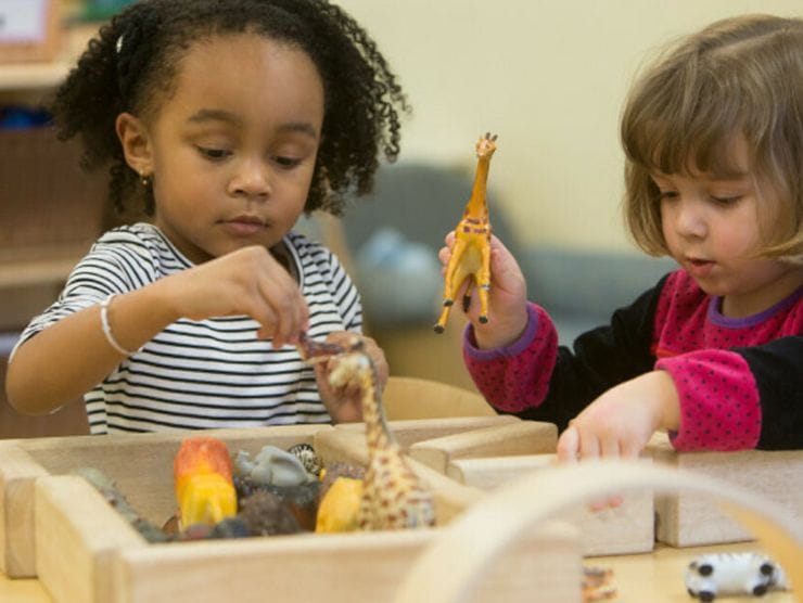 Two children playing with toy animals and wooden blocks to build a zoo at day care 