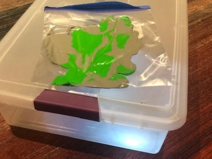 A plastic container and a ziploc bag on-top for at home arts and crafts 