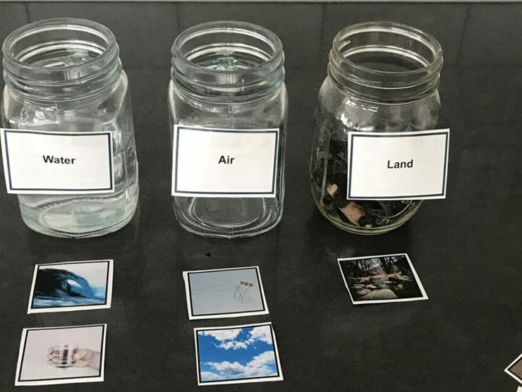 Three mason jars labeled water, air, and land with coordinating pictures 