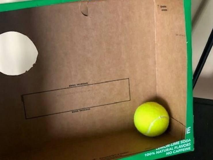 Cardboard box with a tennis ball inside and circle cut out
