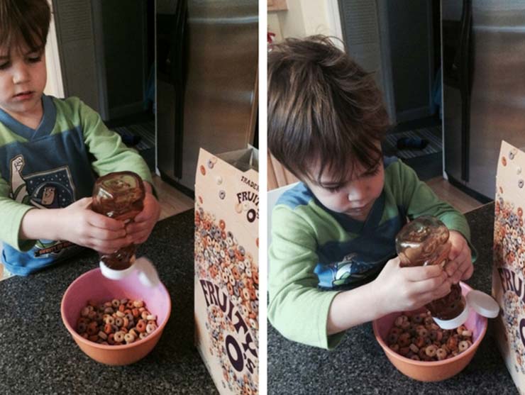 preschooler trying to be independent by preparing breakfast