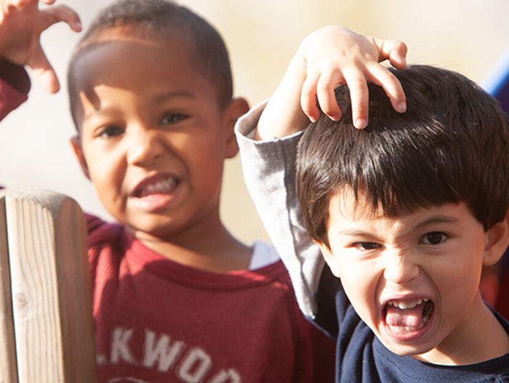 Two young boys using their imagination to create animal impressions 