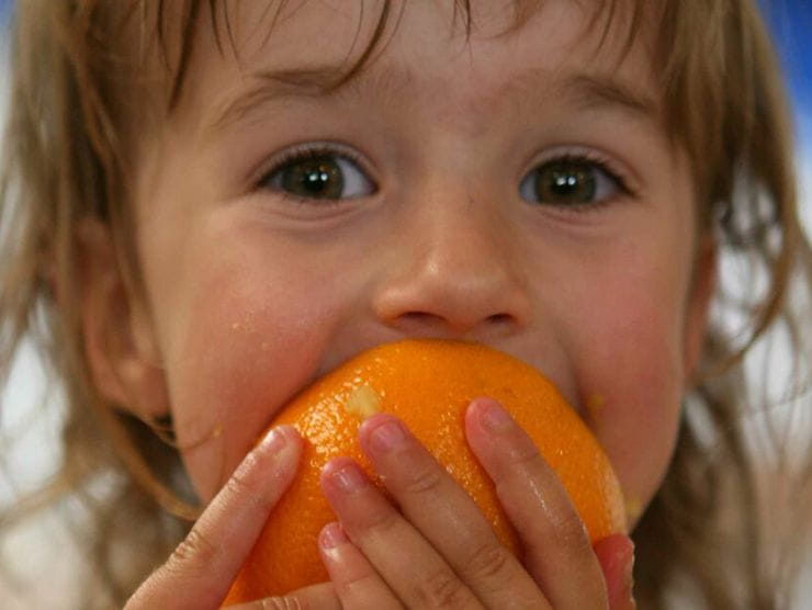 Toddler eating an orange during lunchtime at day care