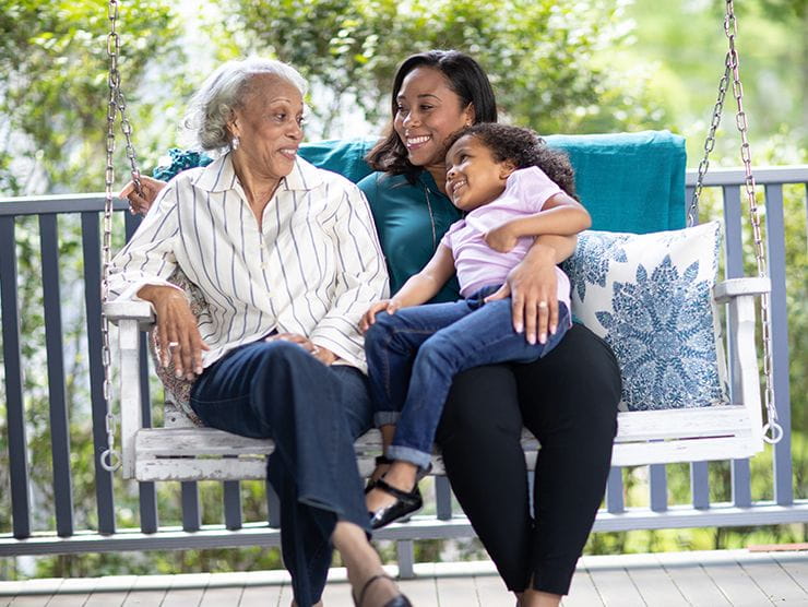 Family sitting on a porch bench