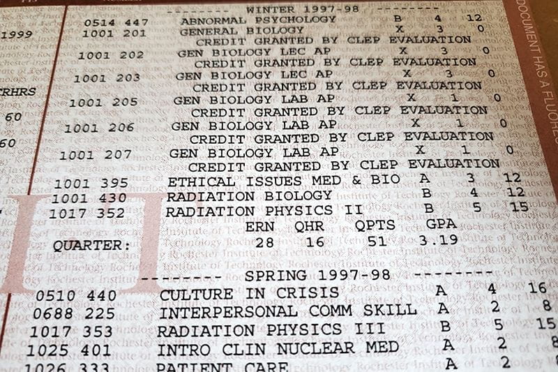 Copy of a higher education transcript